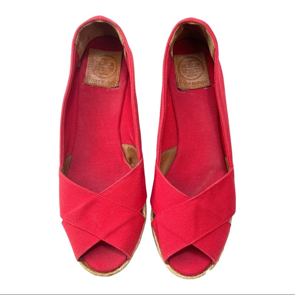 Tory Burch Womens Espadrille Wedge Sandals Filipa 11 B Red Canvas Peep Toe EUC - Picture 2 of 8